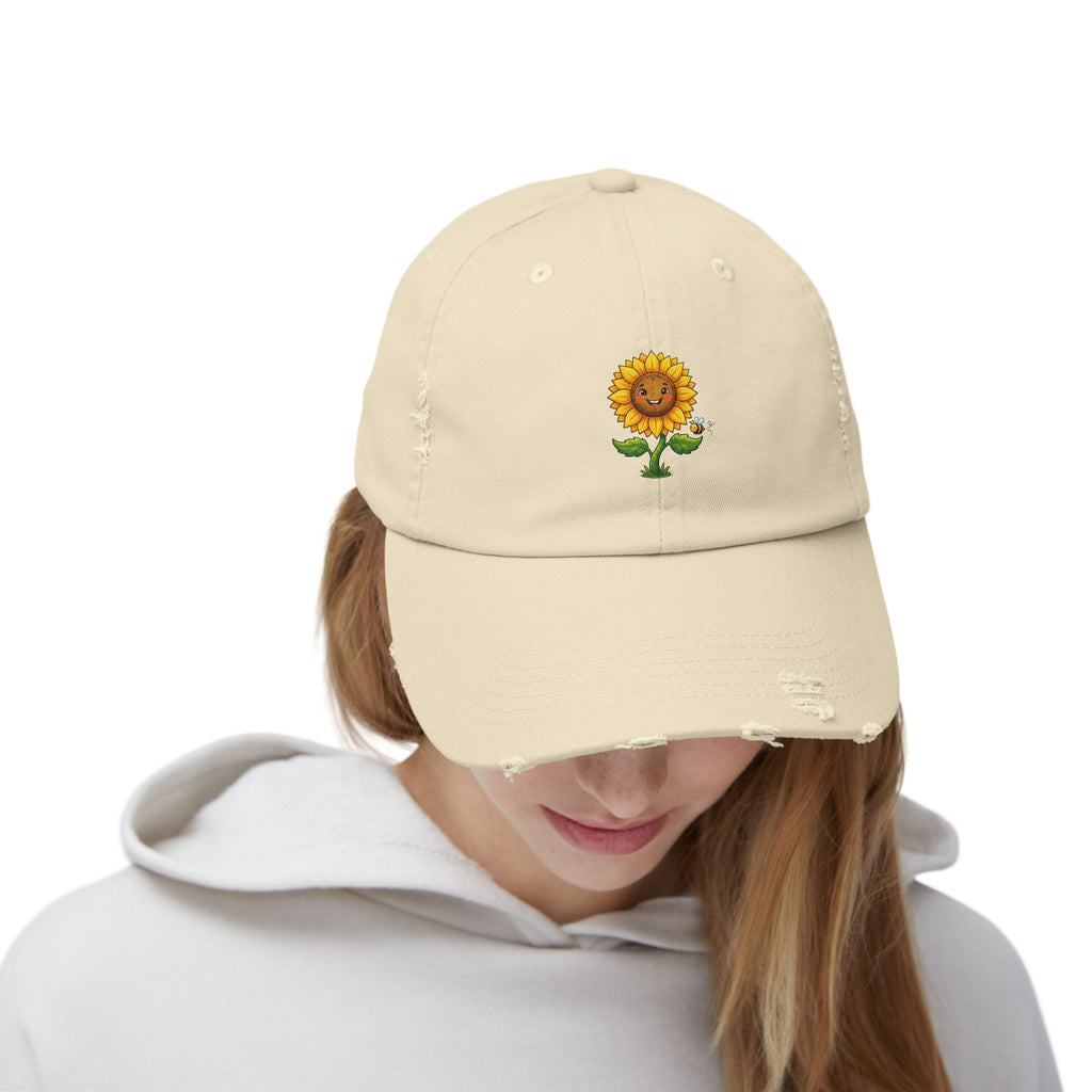 Sunflower Distressed Cap — Embroidered Cute Sunflower Baseball Hat