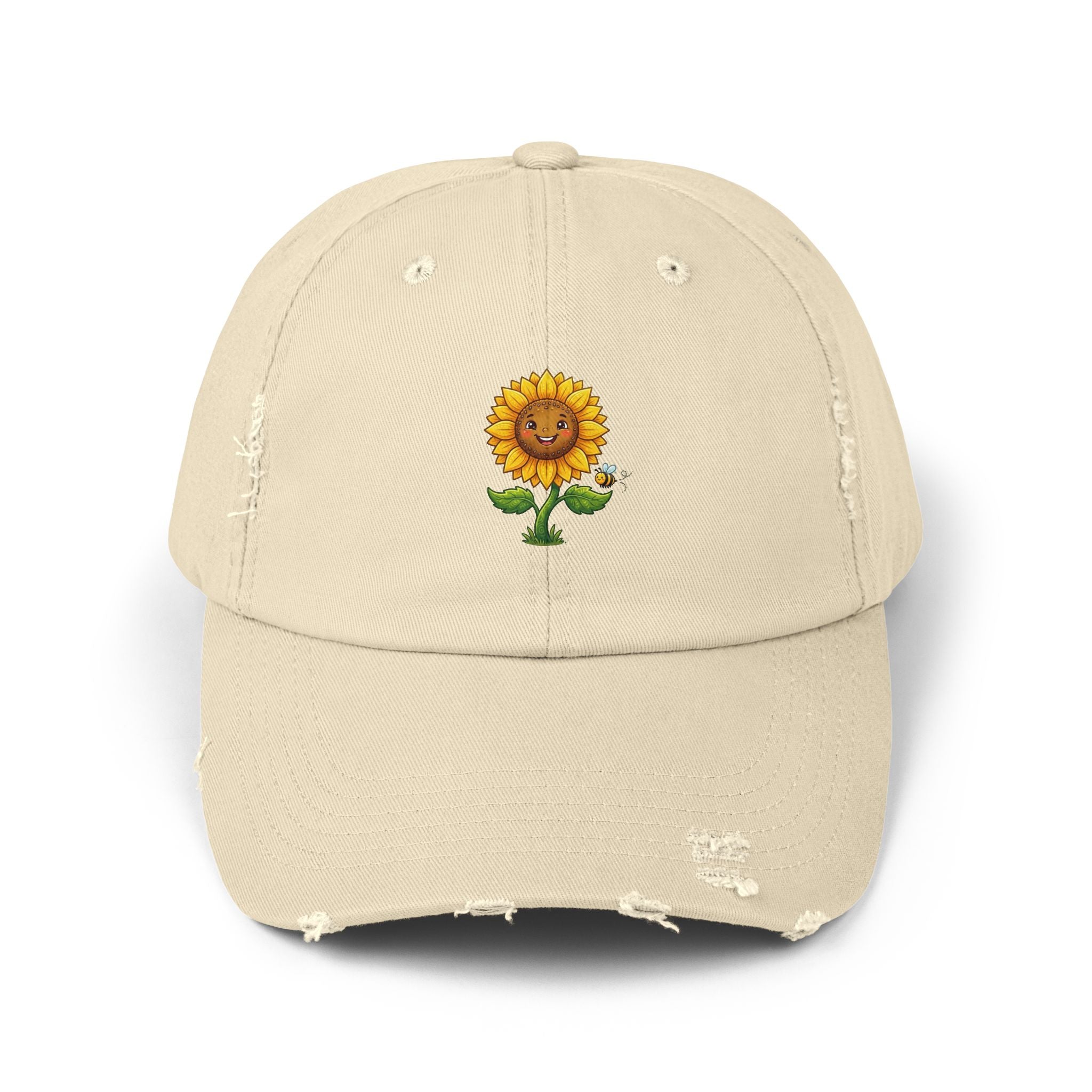 Sunflower Distressed Cap — Embroidered Cute Sunflower Baseball Hat
